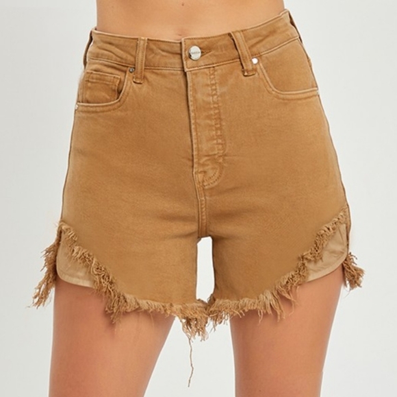 RISEN Pants - RISEN Cutoff High Rise Waist Distressed Moca Denim Frayed Mid-length Jean Shorts